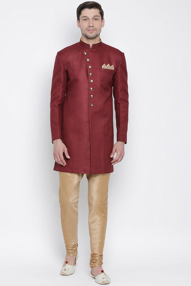 Men's Cotton Blend Indo Western Sherwani Set In Maroon