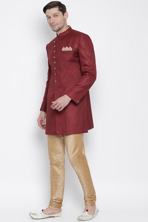 Men's Cotton Blend Indo Western Sherwani Set In Maroon