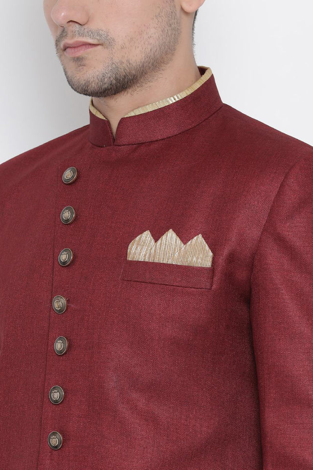 Men's Cotton Blend Indo Western Sherwani Set In Maroon
