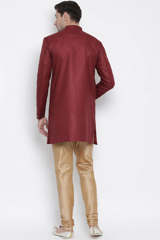 Men's Cotton Blend Indo Western Sherwani Set In Maroon