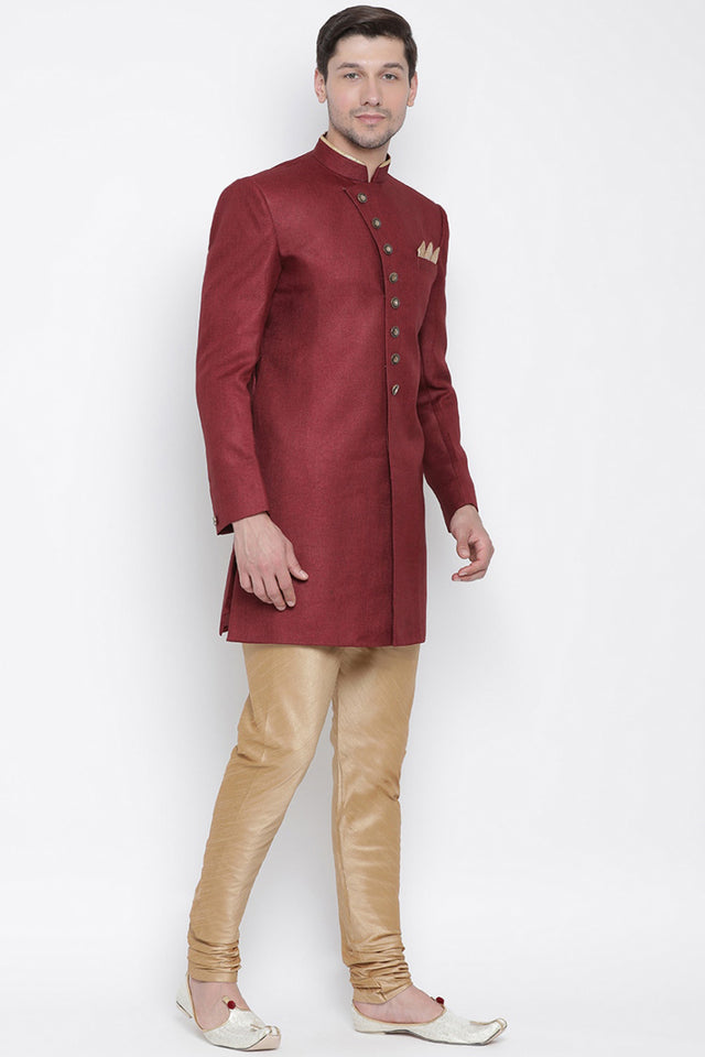 Men's Cotton Blend Indo Western Sherwani Set In Maroon