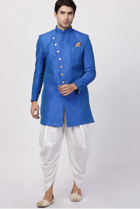 Men's Art Silk Sherwani Set in Blue
