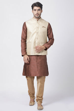 Men's Cotton Art Silk Kurta Set In Brown