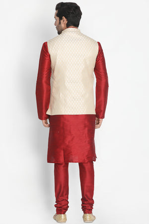 Men's Cotton Art Silk Kurta Set In Maroon