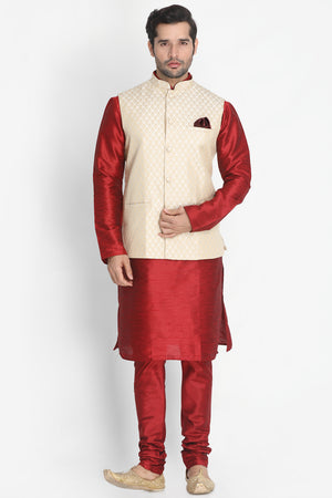 Men's Cotton Art Silk Kurta Set In Maroon