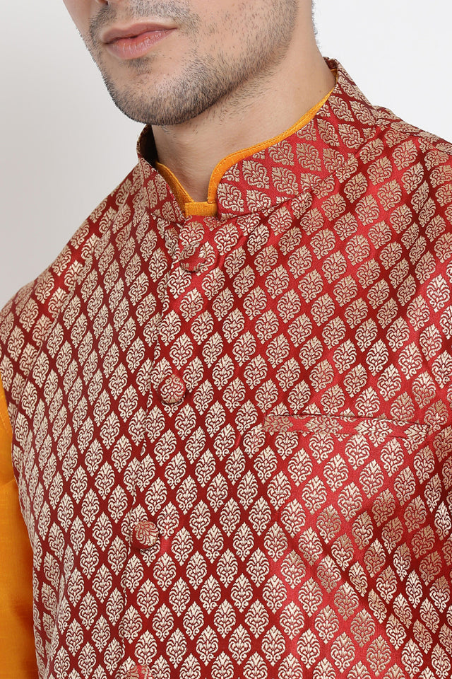 Men's Cotton Art Silk Kurta Set In Orange