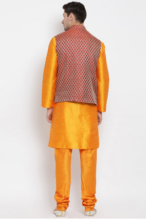 Men's Cotton Art Silk Kurta Set In Orange