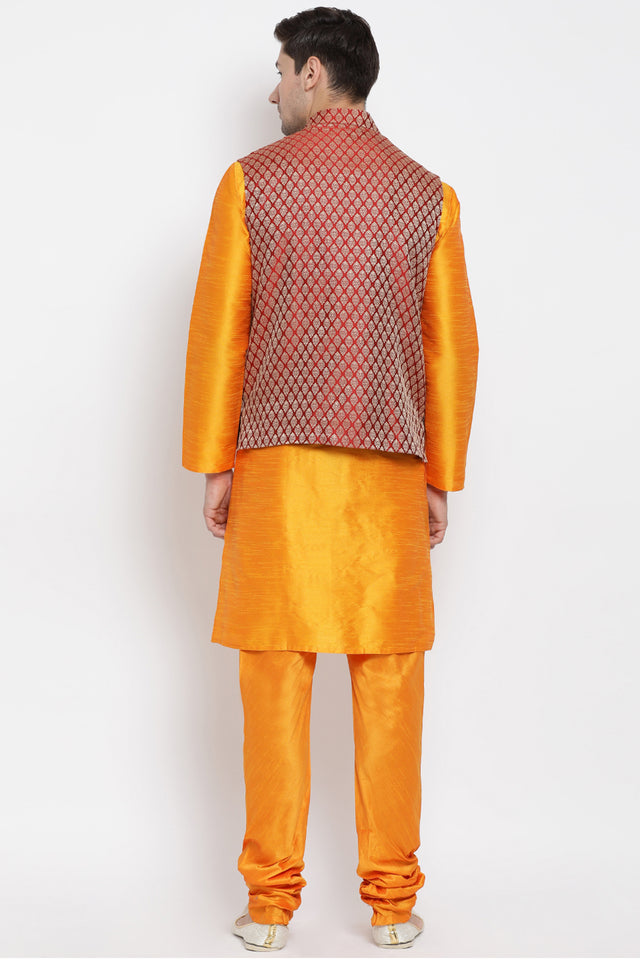 Men's Cotton Art Silk Kurta Set In Orange