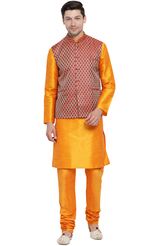 Men's Cotton Art Silk Kurta Set In Orange