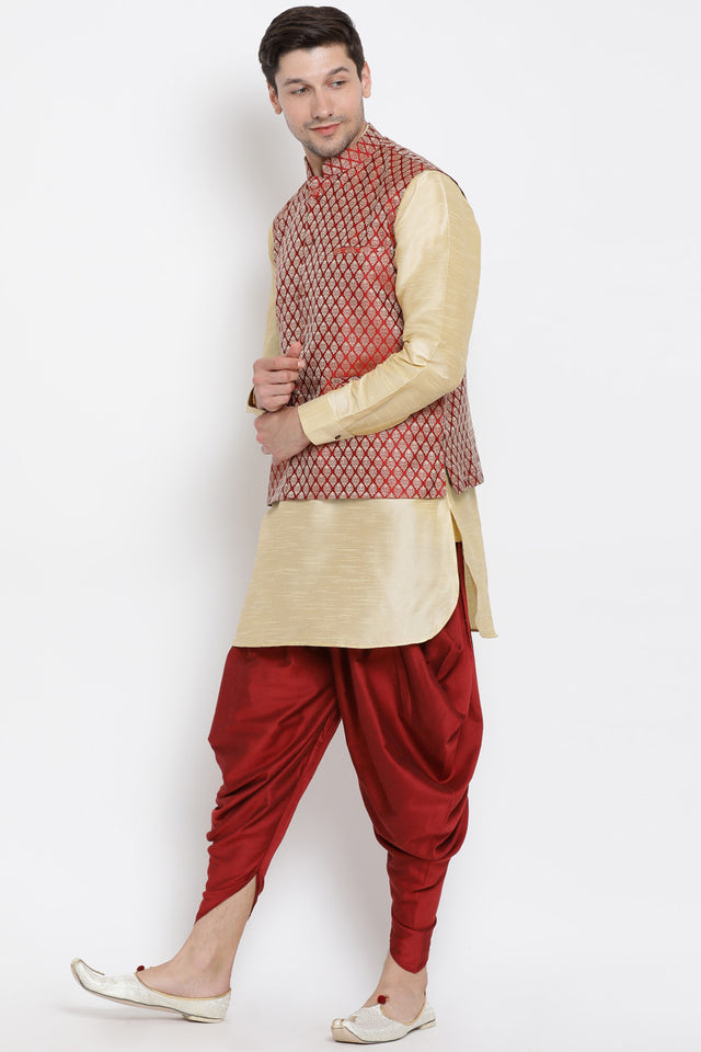 Men's Cotton Art Silk Kurta Set In Gold