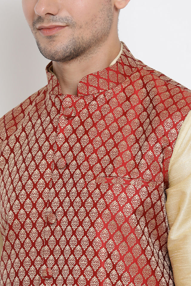Men's Cotton Art Silk Kurta Set In Gold