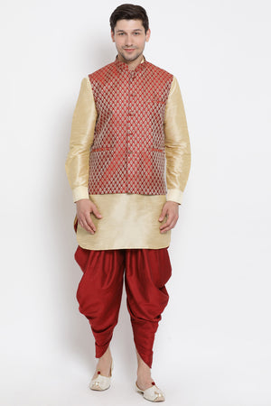 Men's Cotton Art Silk Kurta Set In Gold
