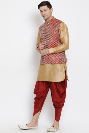 Men's Cotton Art Silk Kurta Set In Gold