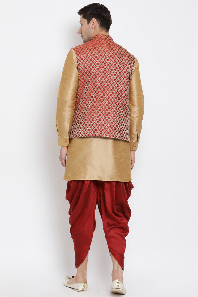 Men's Cotton Art Silk Kurta Set In Gold
