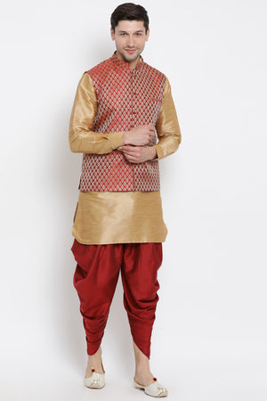 Men's Cotton Art Silk Kurta Set In Gold