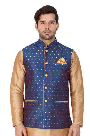 Men's Cotton Blend Woven Modi Nehru Jacket In Blue