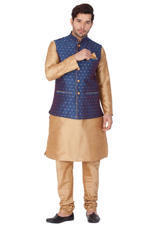 Men's Cotton Art Silk Solid Kurta Modi Jacket And Pajama Set In Gold