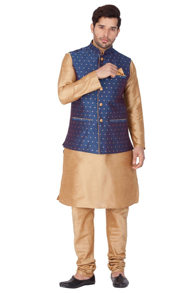 Men's Cotton Art Silk Solid Kurta Modi Jacket And Pajama Set In Gold