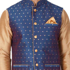 Men's Cotton Art Silk Solid Kurta Modi Jacket And Pajama Set In Gold