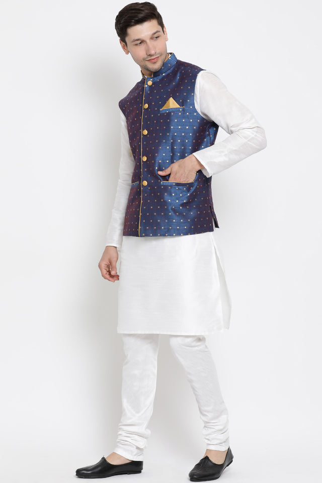 Men's Cotton Art Silk Kurta Set In White