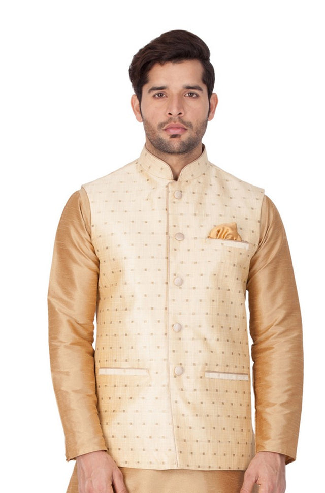 Men's Cotton Blend Woven Modi Nehru Jacket In Gold