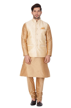 Men's Cotton Art Silk Solid Kurta Modi Jacket And Pajama Set In Gold
