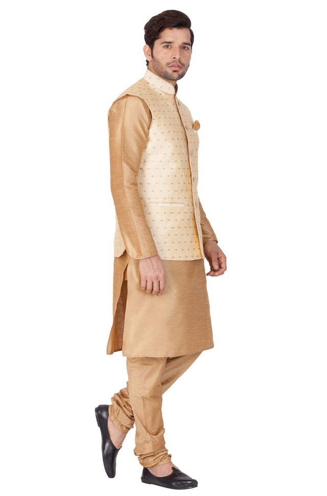 Men's Cotton Art Silk Solid Kurta Modi Jacket And Pajama Set In Gold