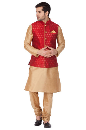 Men's Cotton Art Silk Solid Kurta Modi Jacket And Pajama Set In Gold