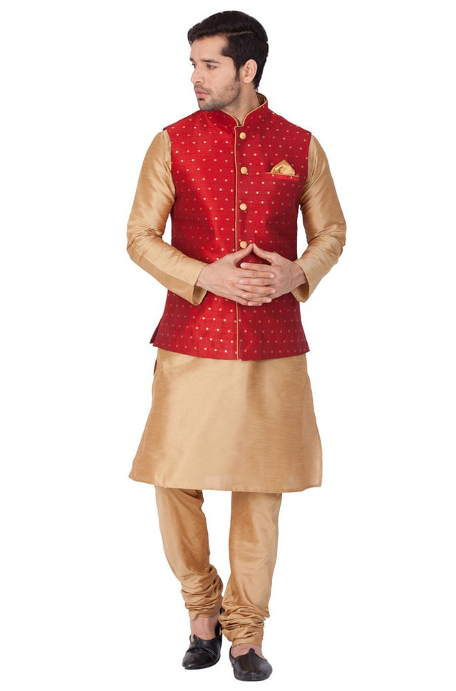Men's Cotton Art Silk Solid Kurta Modi Jacket And Pajama Set In Gold