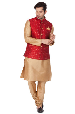 Men's Cotton Art Silk Solid Kurta Modi Jacket And Pajama Set In Gold