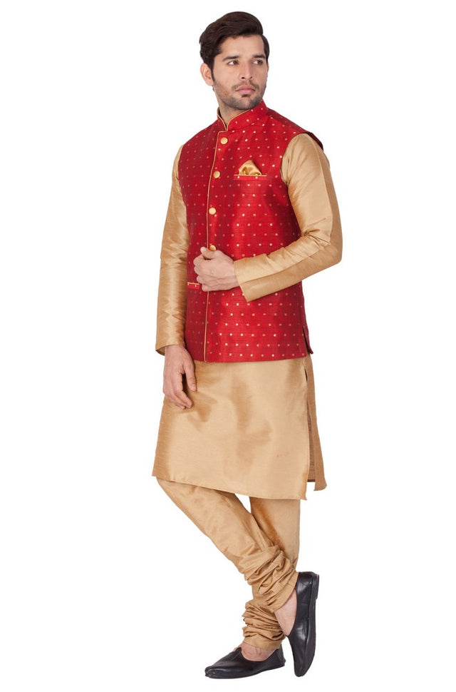 Men's Cotton Art Silk Solid Kurta Modi Jacket And Pajama Set In Gold