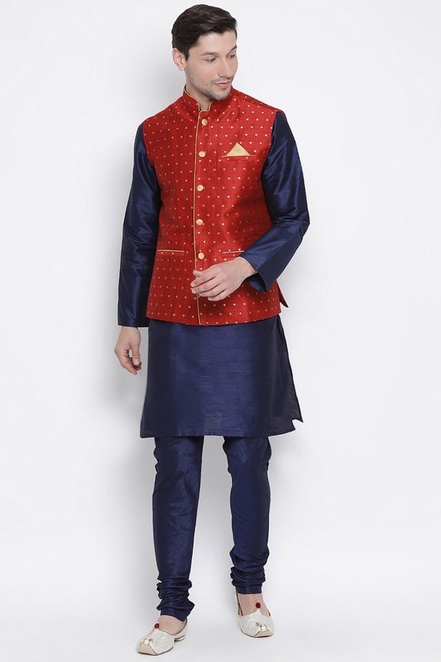 Men's Cotton Silk Jacket Kurta Pyjama Set in Navy Blue