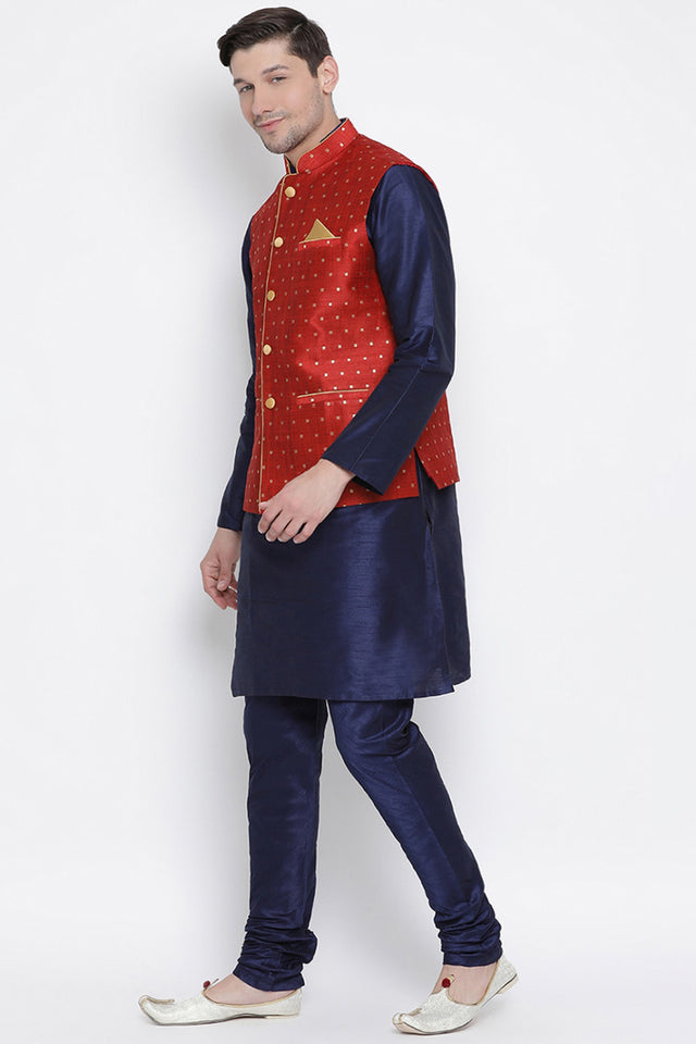 Men's Cotton Silk Jacket Kurta Pyjama Set in Navy Blue