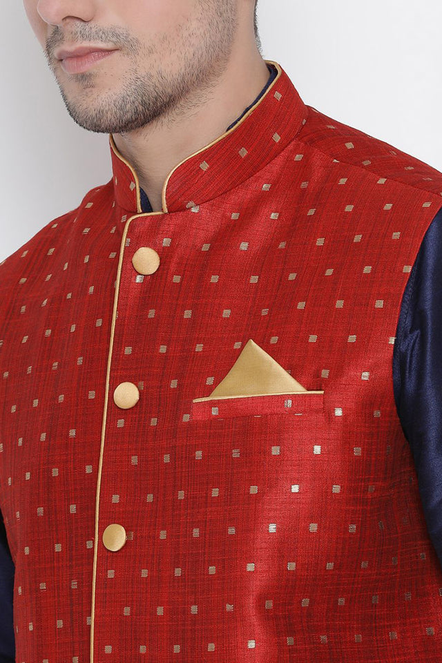 Men's Cotton Silk Jacket Kurta Pyjama Set in Navy Blue