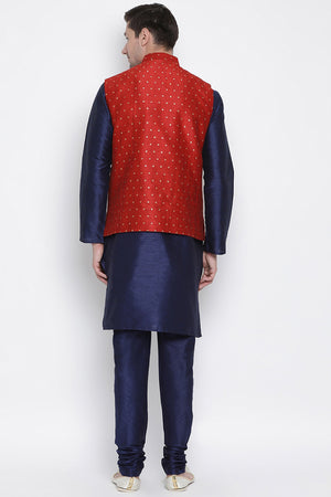 Men's Cotton Silk Jacket Kurta Pyjama Set in Navy Blue