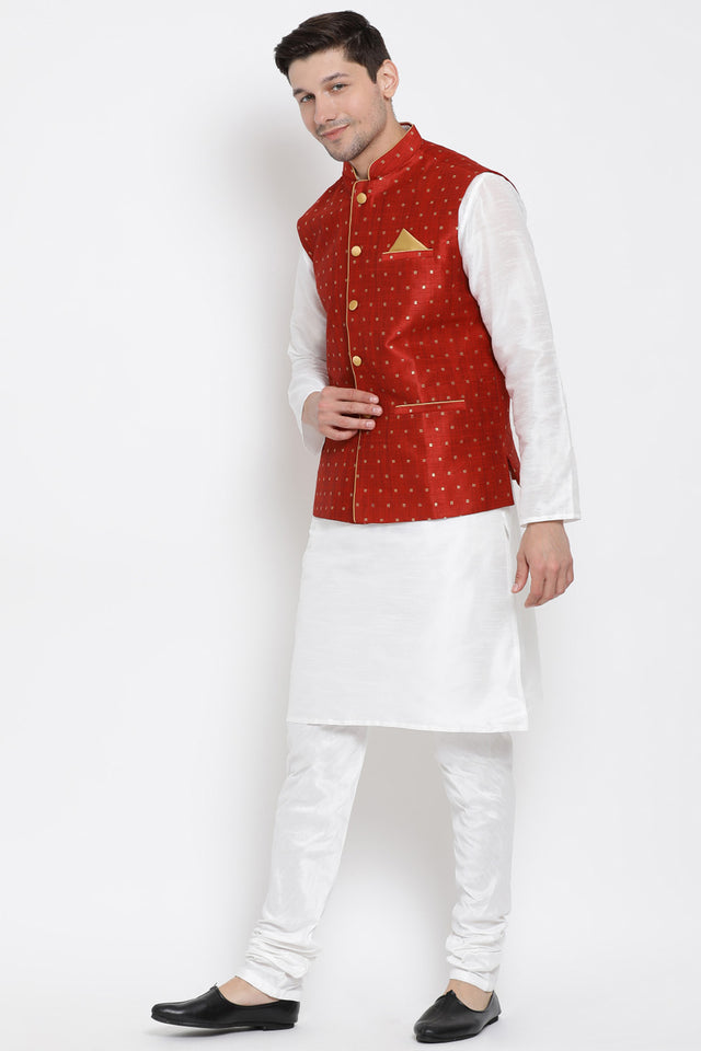 Men's Cotton Art Silk Kurta Set In White