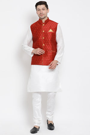 Men's Cotton Art Silk Kurta Set In White