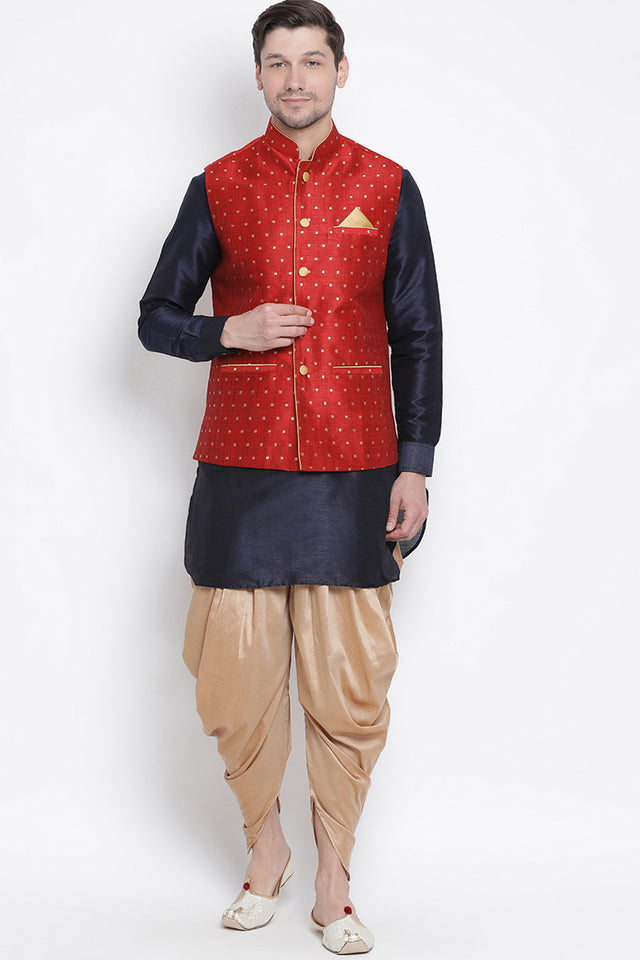 Men's Cotton Art Silk Kurta Set In Dark Blue