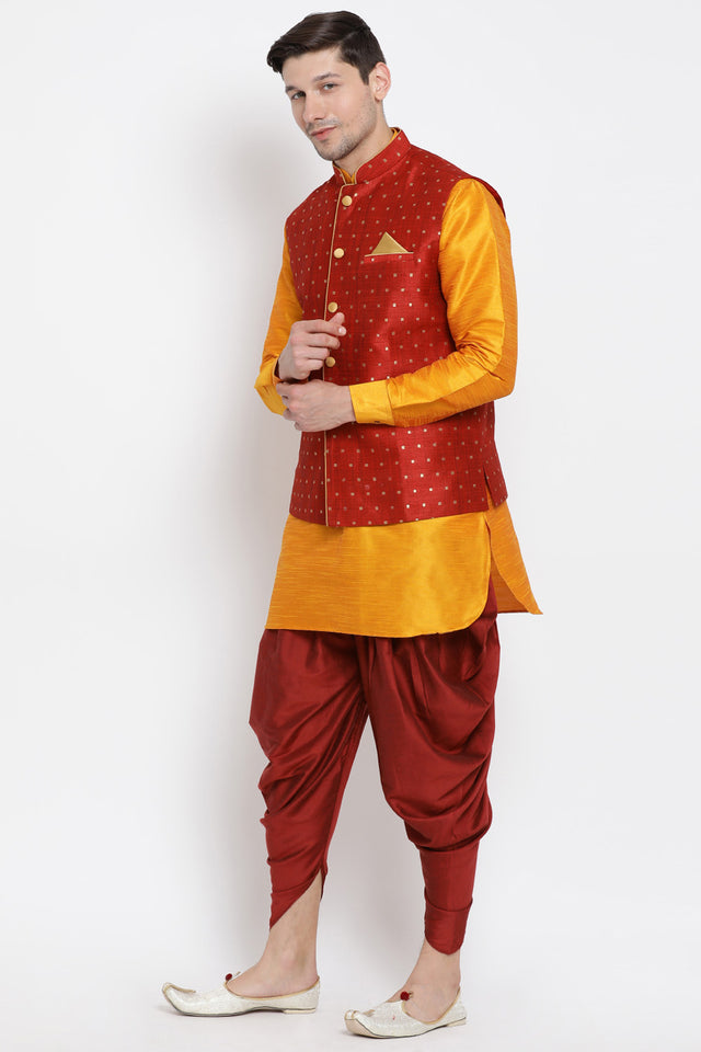 Men's Cotton Art Silk Kurta Set In Orange