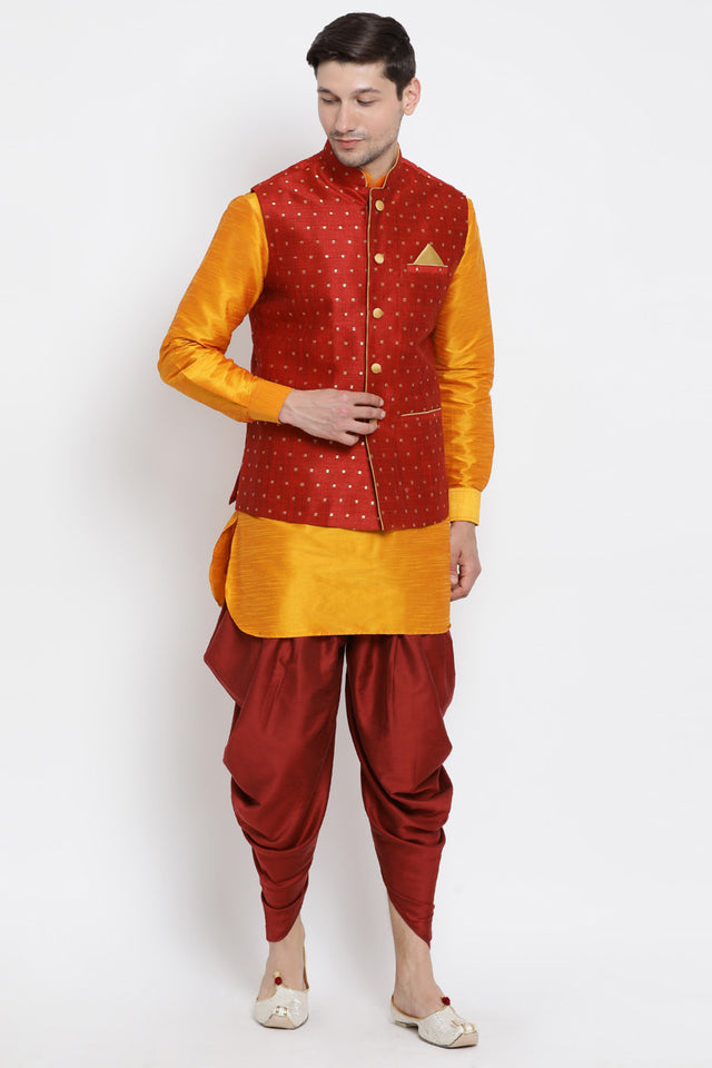 Men's Cotton Art Silk Kurta Set In Orange