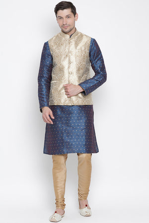 Men's Cotton Silk Jacket Kurta Pyjama Set in Royal Blue
