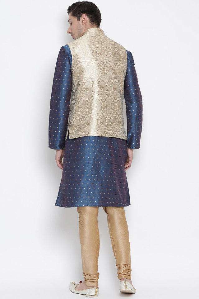 Men's Cotton Silk Jacket Kurta Pyjama Set in Royal Blue