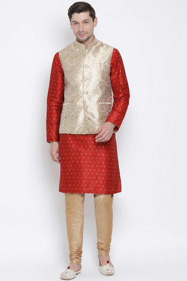 Men's Cotton Silk Jacket Kurta Pyjama Set in Maroon