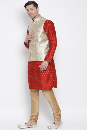 Men's Cotton Silk Jacket Kurta Pyjama Set in Maroon