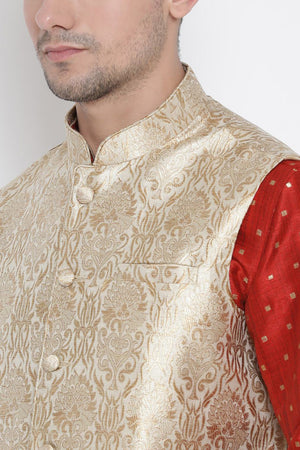 Men's Cotton Silk Jacket Kurta Pyjama Set in Maroon