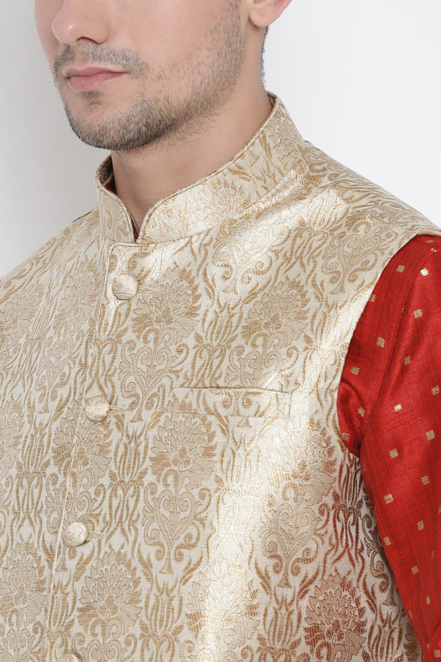 Men's Cotton Silk Jacket Kurta Pyjama Set in Maroon