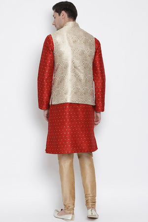 Men's Cotton Silk Jacket Kurta Pyjama Set in Maroon