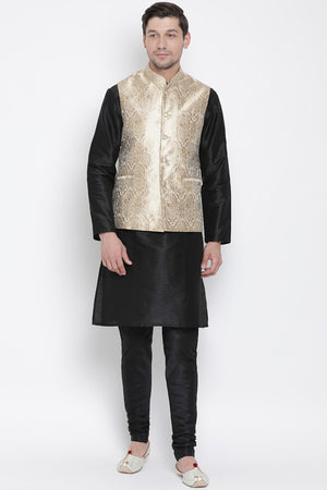 Men's Cotton Silk Jacket Kurta Pyjama Set in Black