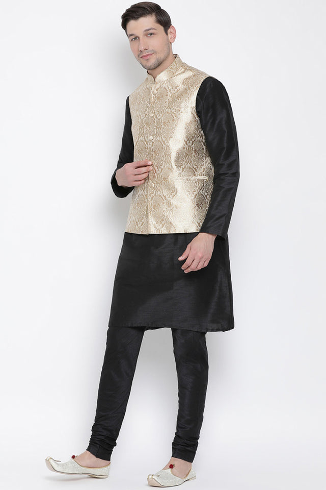 Men's Cotton Silk Jacket Kurta Pyjama Set in Black