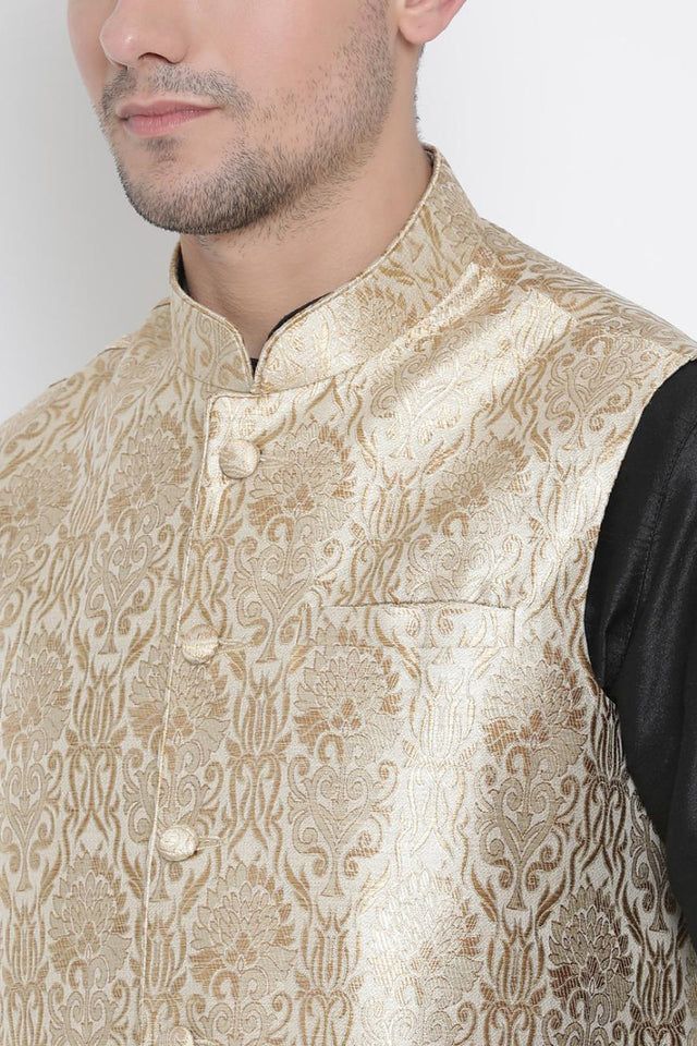 Men's Cotton Silk Jacket Kurta Pyjama Set in Black